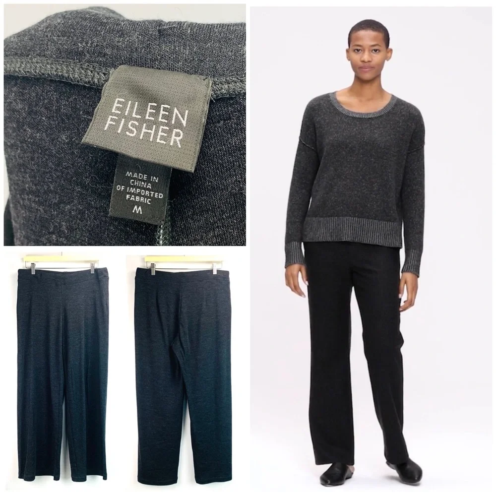 Eileen Fisher Wool Pull On Straight Leg Elastic Waistband Pants Charcoal